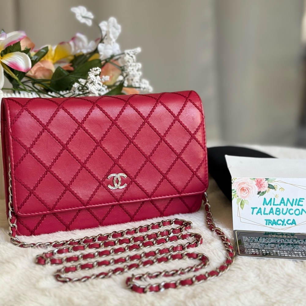 Chanel 14P Dark Pink Wallet on Chain Wild Stitch Quilted w/ Zeko Authentication